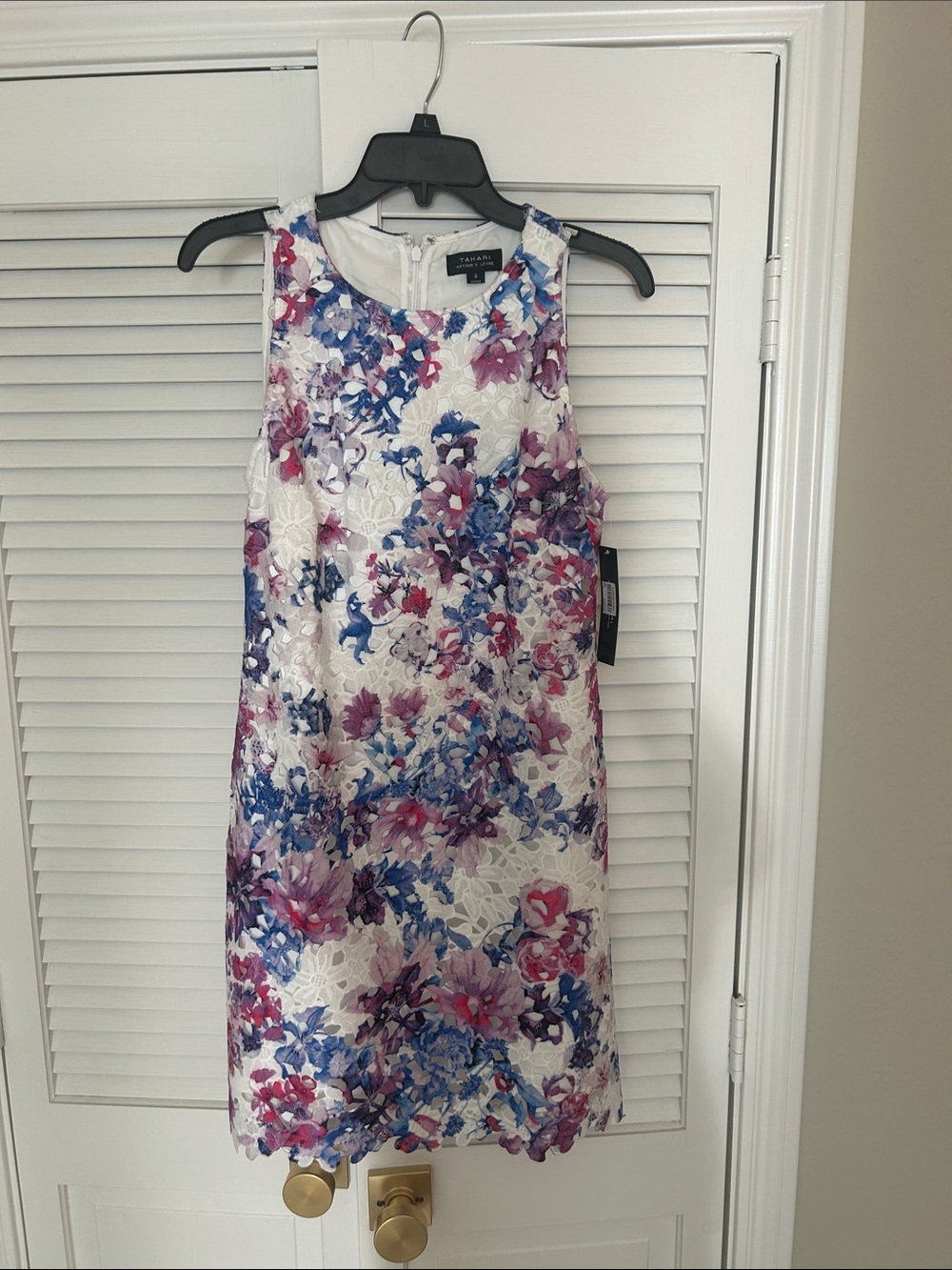 Tahari White Floral Midi Dress with Pink & Blue Accents
